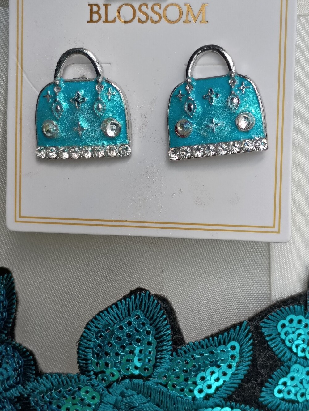 Frosted Tiffany Blue Enamel Handbag Pierced Earrings